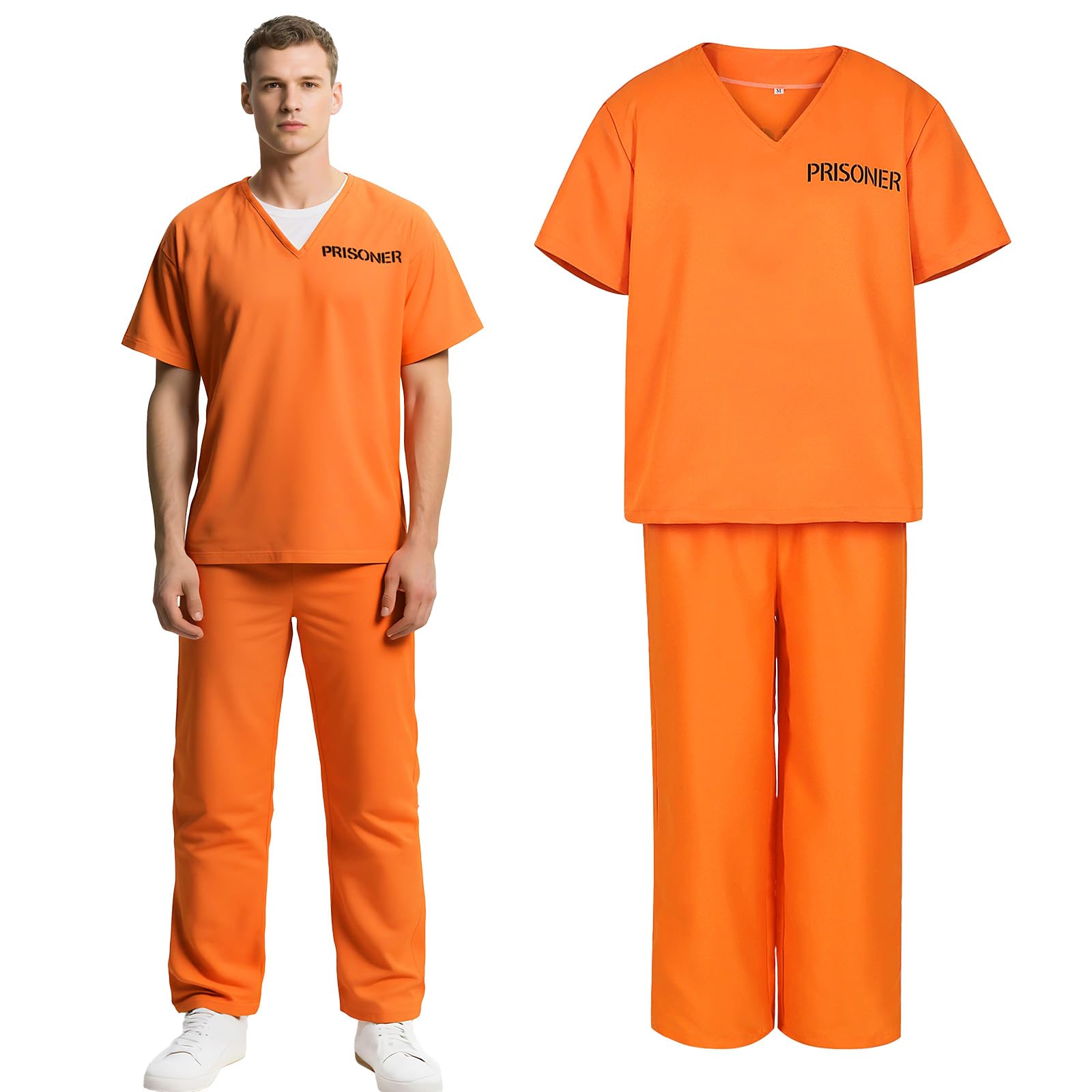 Lyxaof Adults Prisoner Costume Fancy Convict Outfit Orange Top Trousers Halloween Carnival Party Cosplay Dress Up Props for Men Women