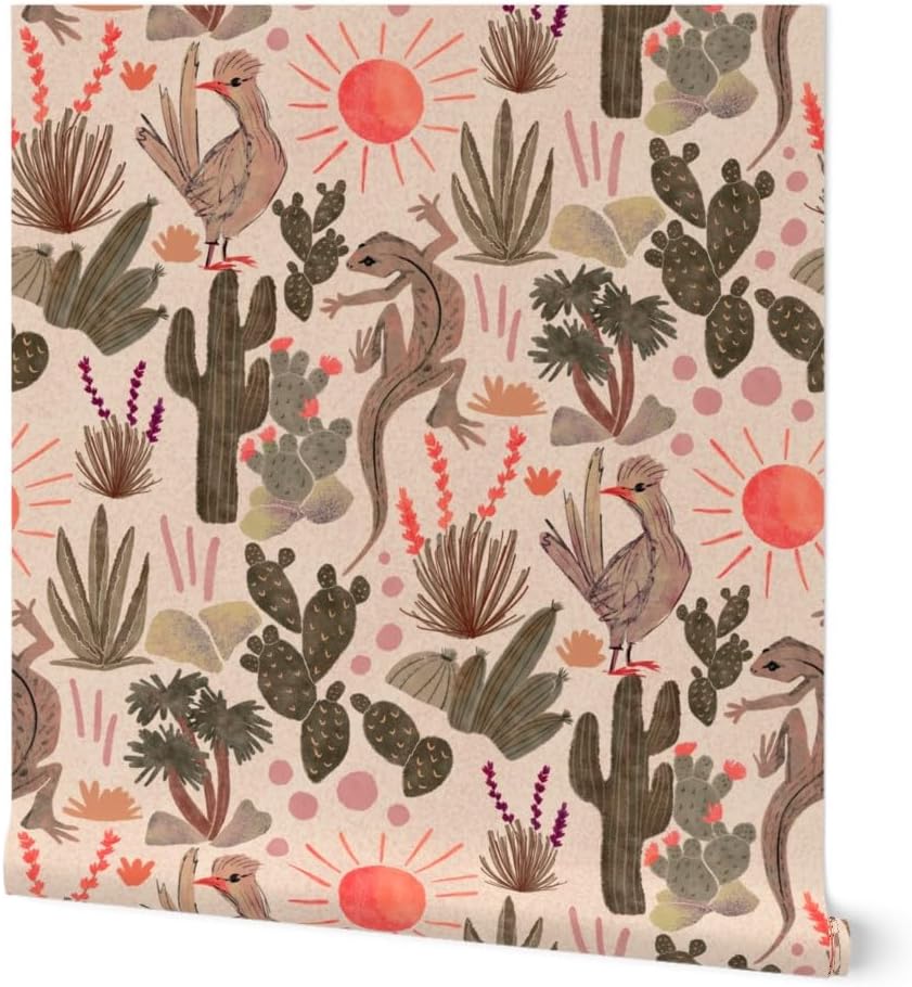 Peel & Stick Wallpaper 3ft x 2ft - Desert Earth Tones Sun Lizards Cactus Garden Southwestern Custom Removable Wallpaper by Spoonflower