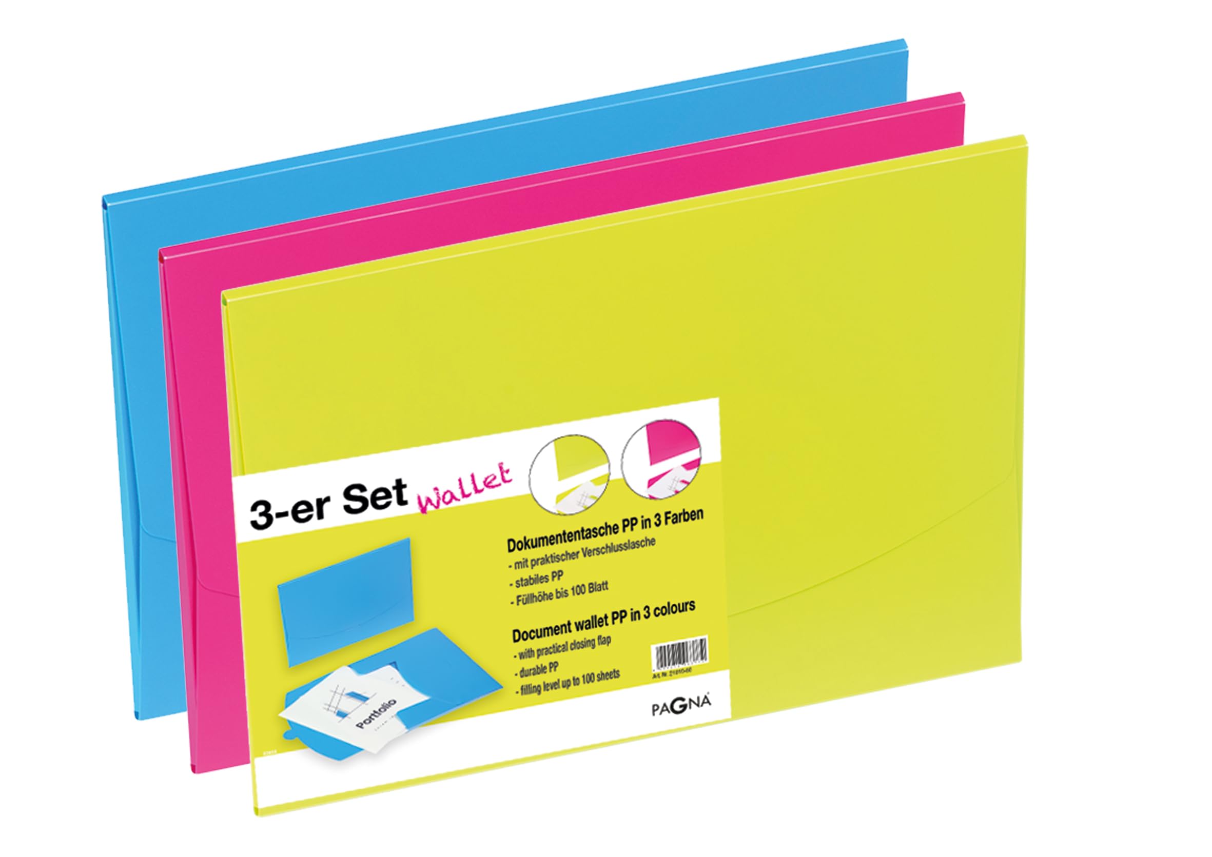 PAGNA 21010-00 Set of Document Wallets Polypropylene Assorted Pack of 3, Assorted colours