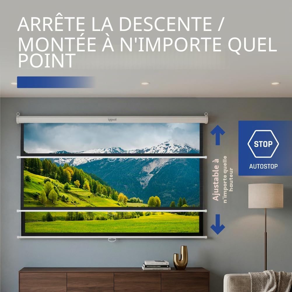 iggual Écran de Projection 72 Pouces - Enroulable Manuel Panoramique - Format 16:9 - Angle de Vision 180° - Hauteur Réglable - Adapté Mur/Plafond - Compatible 4K et Tout Projecteur, (159x89 cm)