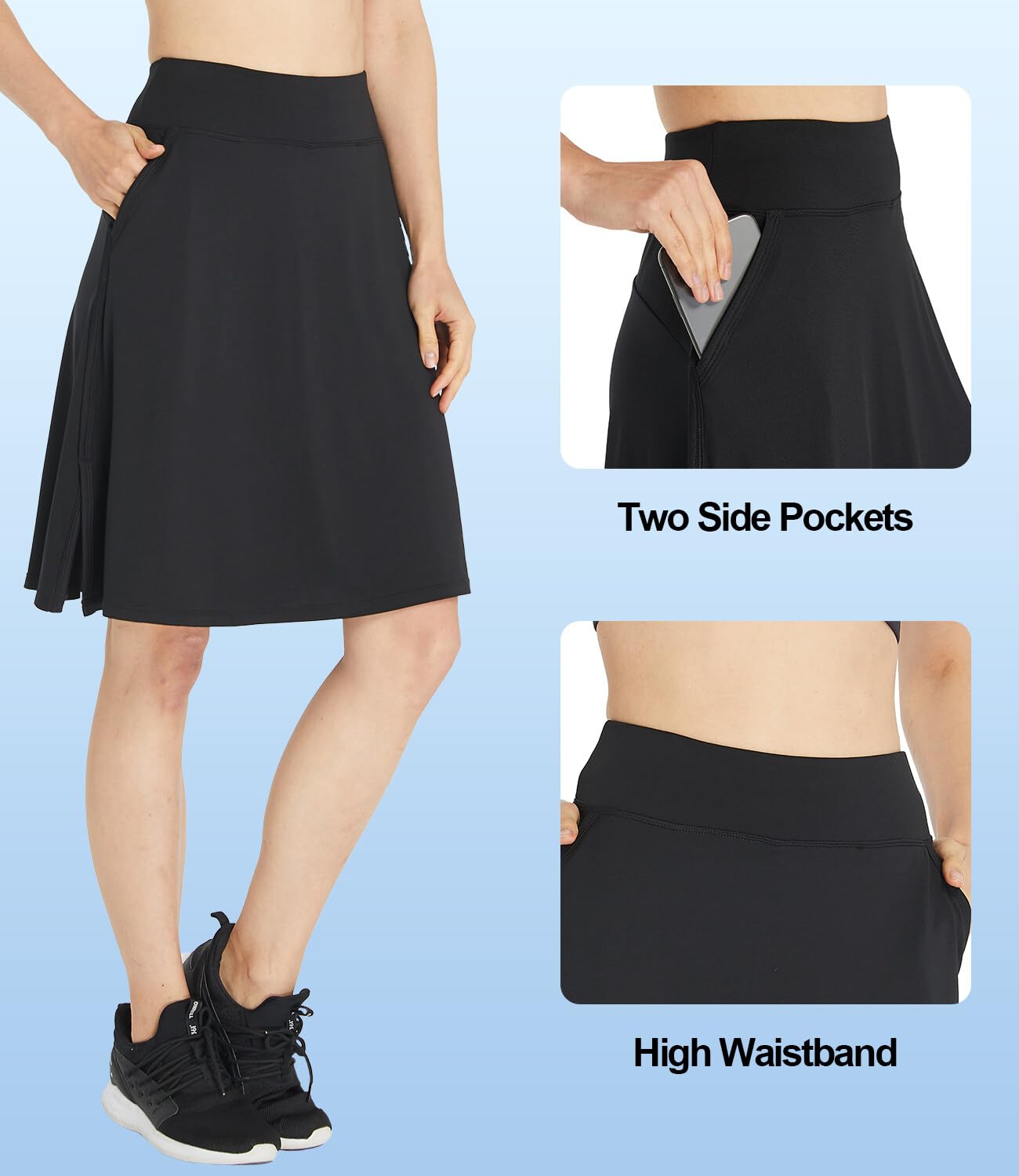 Jupe Short Femme Longue Été Skort Jupes de Golf avec Short Intérieur Taille Haute Course Jupe-Short de Tennis avec Poches Jupe de Randonnée B-Noir XL
