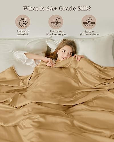 Miniatura 4 de THXSILK Manta 100% seda para camasofá, colcha acolchada de seda larga de grado superior, suave y acogedora (oro metálico, 53 x 70 pulgadas)