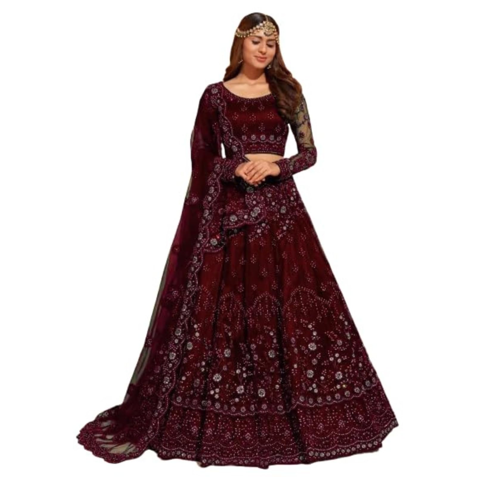 Amazon Brand Women`s Net Embroidered Silver Work Semi Stitched lehenga Choli
