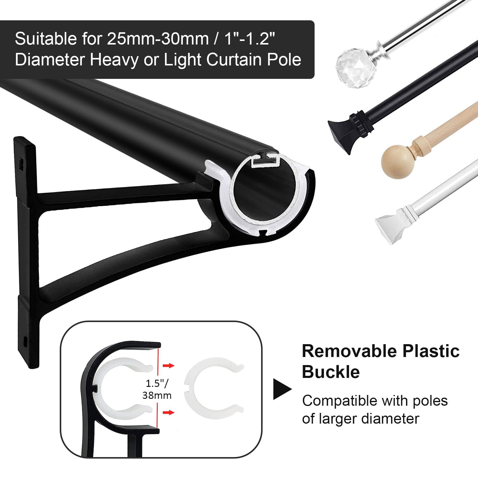 Lot de 2 supports de tringle à rideaux noirs en métal robuste - Crochets simples en alliage d'aluminium pour tringles à rideaux de 25 à 30 mm Lot de 2 supports de tringle à rideaux noirs en métal robuste - Crochets simples en alliage d'aluminium pour tringles à rideaux de 25 à 30 mm