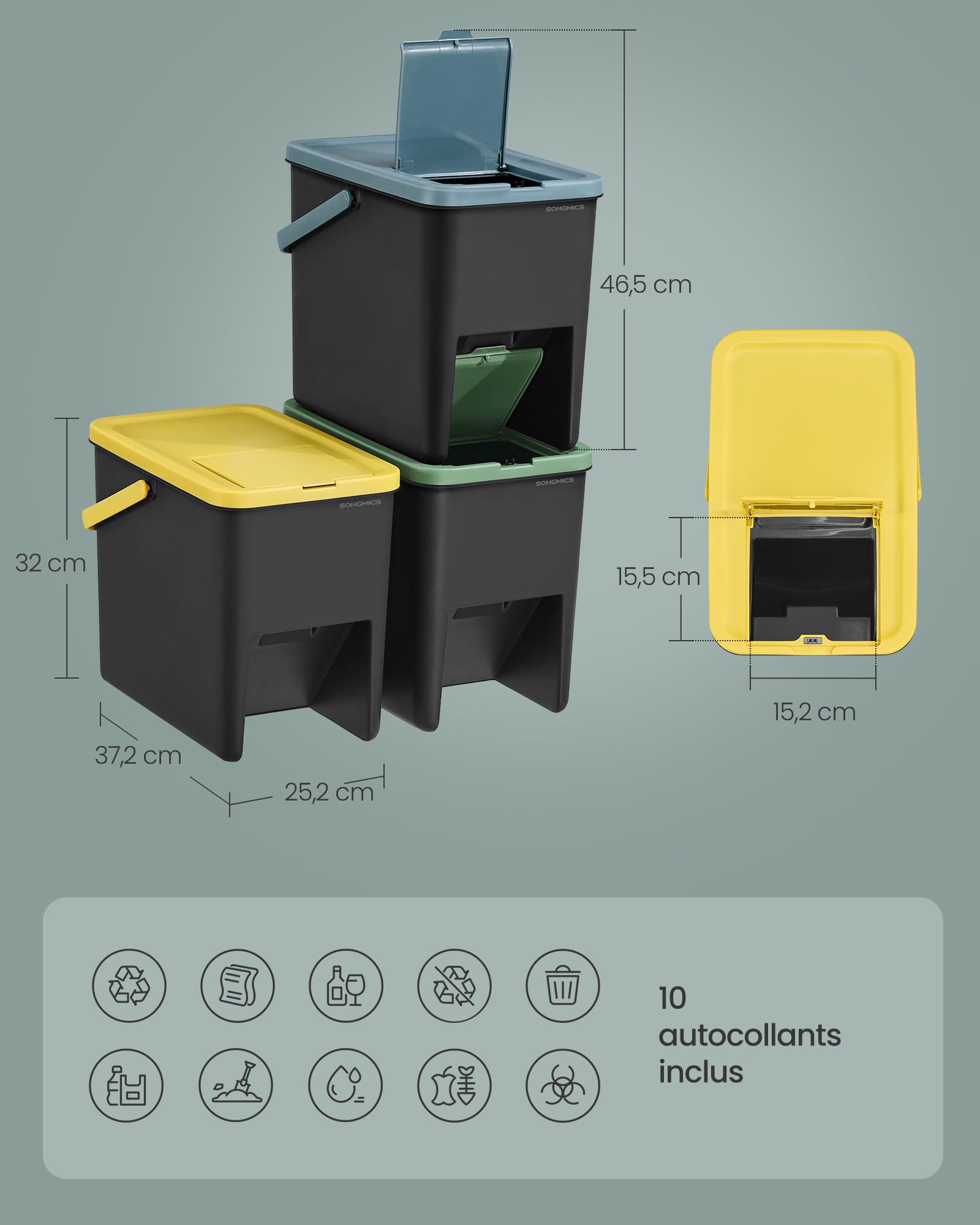 SONGMICS Poubelles de Tri pour la Cuisine, Lot de 3, Empilables, 20 L, Recyclage, Couvercles à Ouverture par Pression, Autocollants, Coffre de Rangement, Jaune, Bleu et Vert LTB763BZ01