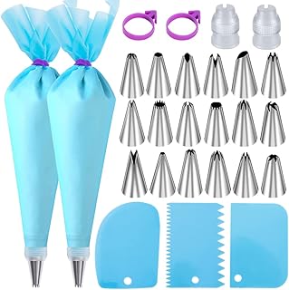 Piping Bags and Tips Set, Cakes Decorating Kit Supplies with 2 Reusable Pastry Bags, 18 Frosting Tips, 2 Couplers, 2 Bag Ties, 3 Cake Scraper, Cake Decorating Tools for Cookie Icing