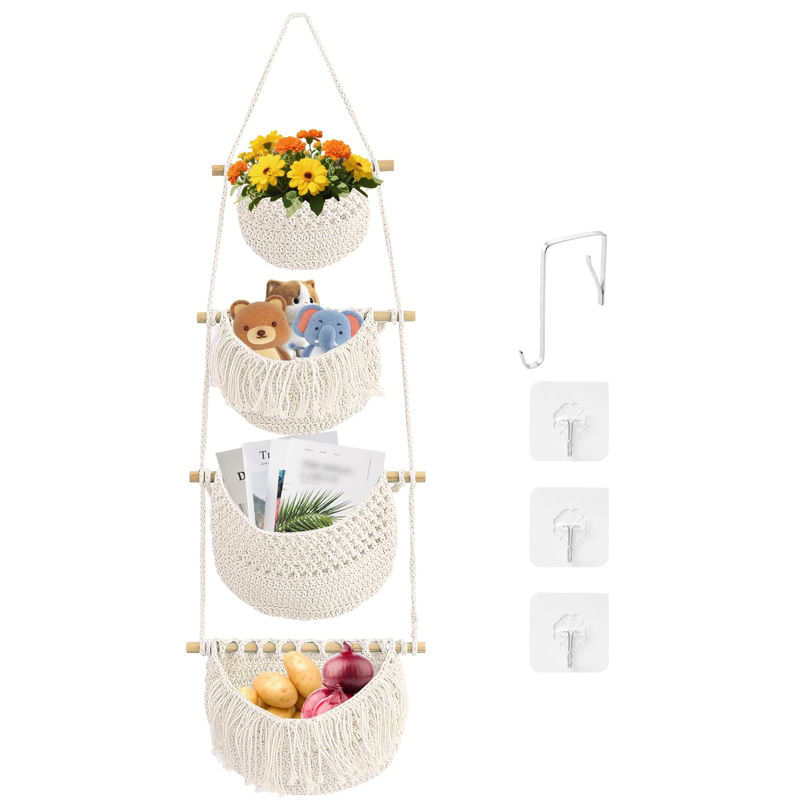 4 Livelli Cestino da Appendere Parete, Borsa Portaoggetti Organizer Porta in Corda di Cotone con 4 Ganci, Cesto Frutta Rimovibile Decor Bohémien per Cucina Camera Letto Soggiorno, Beige