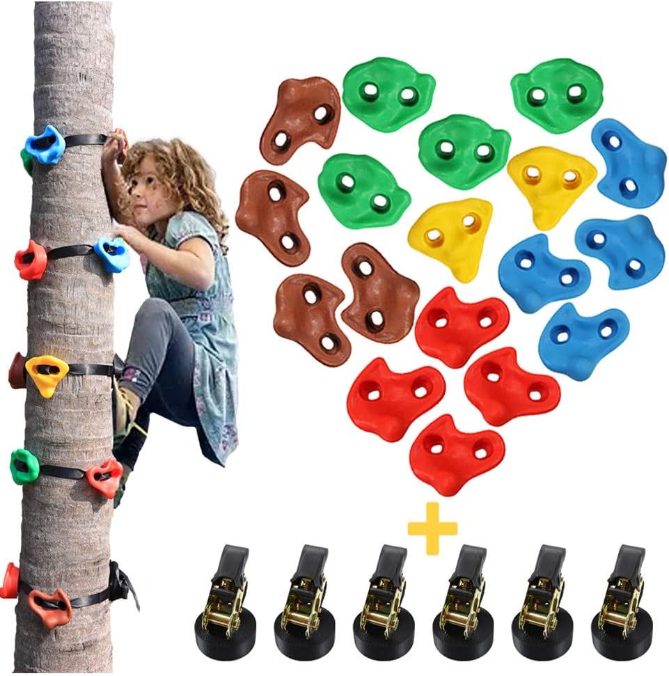 Newtion 18 Ninja Tree Climbing Holds and 6 Ratchet Straps for Kids and Adult Climber,Kids Climbing Rope for Outdoor Playground Equipment,Adult Climbing Rocks for Warrior Obstacle Course Training