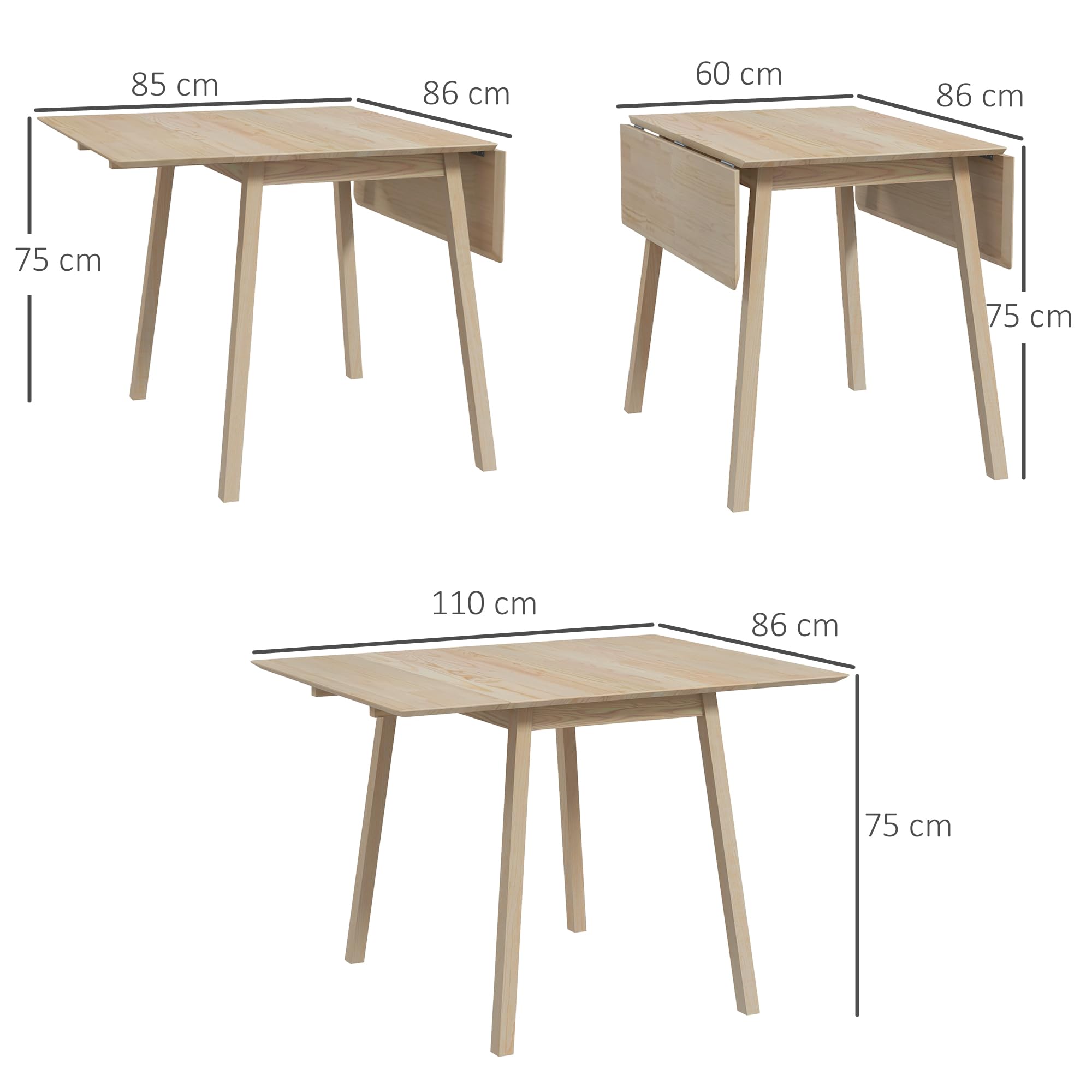 HOMCOM Table de Cuisine Pliable Table à Manger Pliante avec Plateau Rabattable en Bois pour 2 à 4 Personnes, Bois Naturel