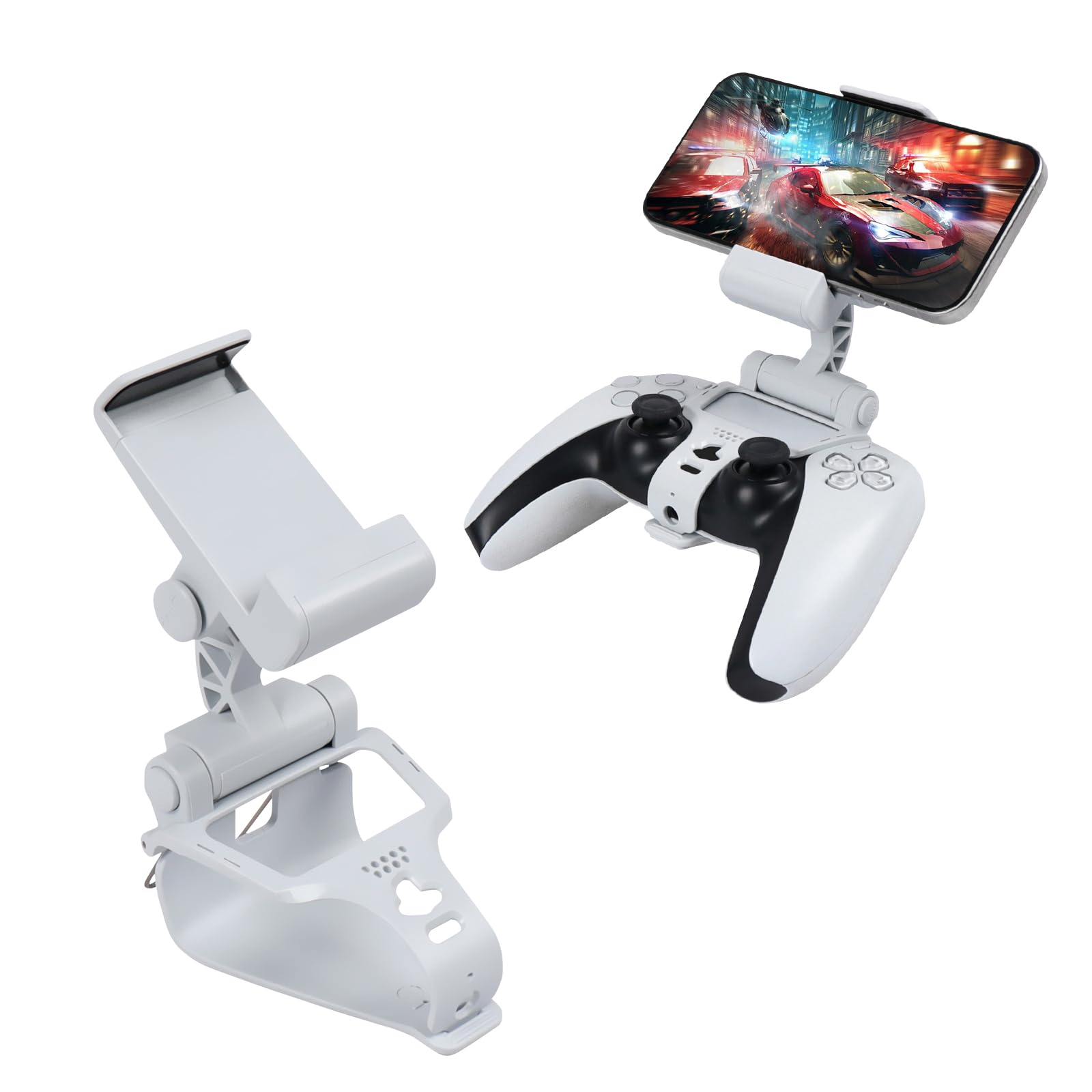 EasEasy Compatible for PS5 Controller Phone Mount Clip, Adjustable Mobile Gaming Holder Clamp for Playstation 5 Remote Controller Cell Phone Stand-White