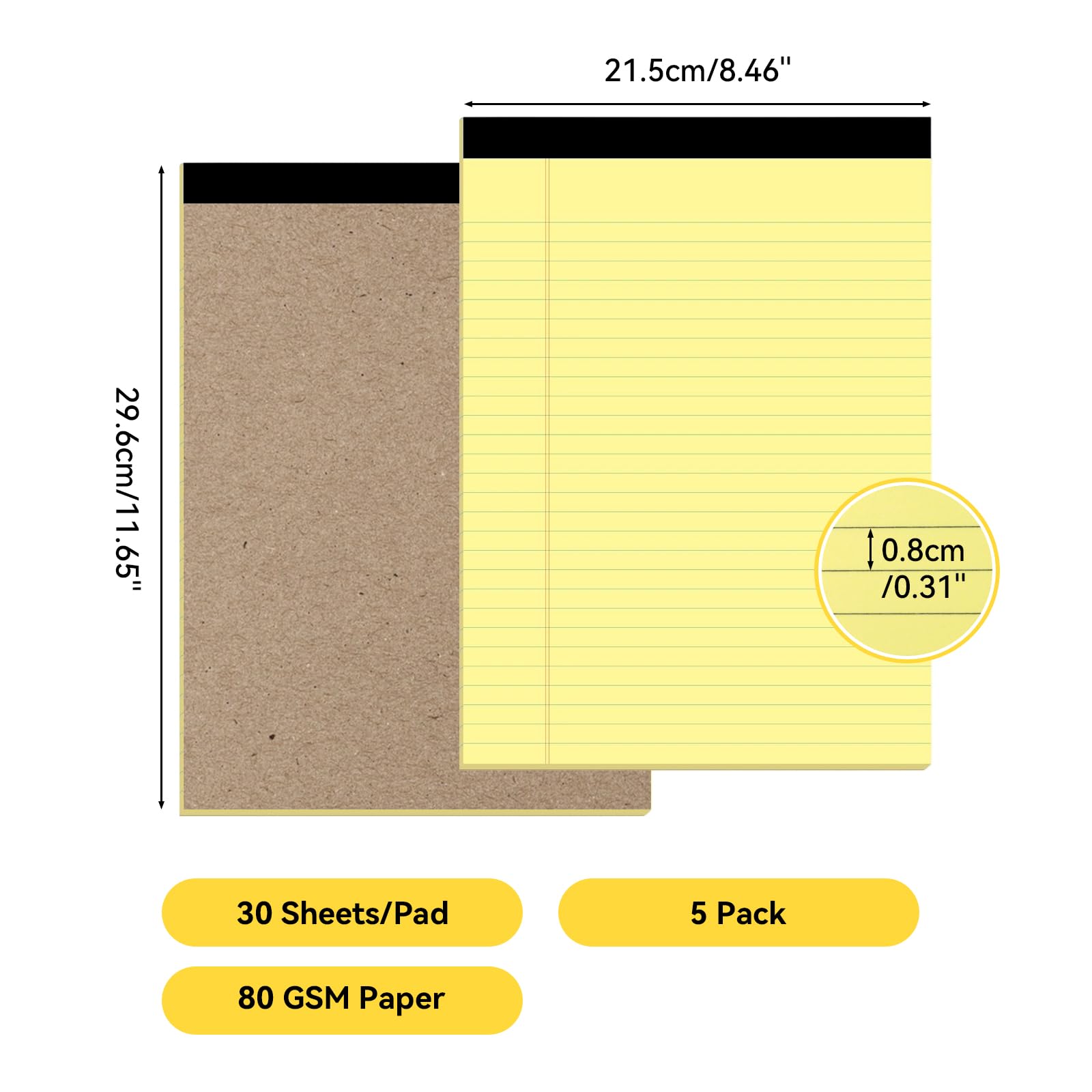 Blocchi Legali Gialli A4 5 Pezzi, 30 Fogli per Blocco, Righe 0,8 mm, Perforati, Strappabili 29,2 x 21 cm