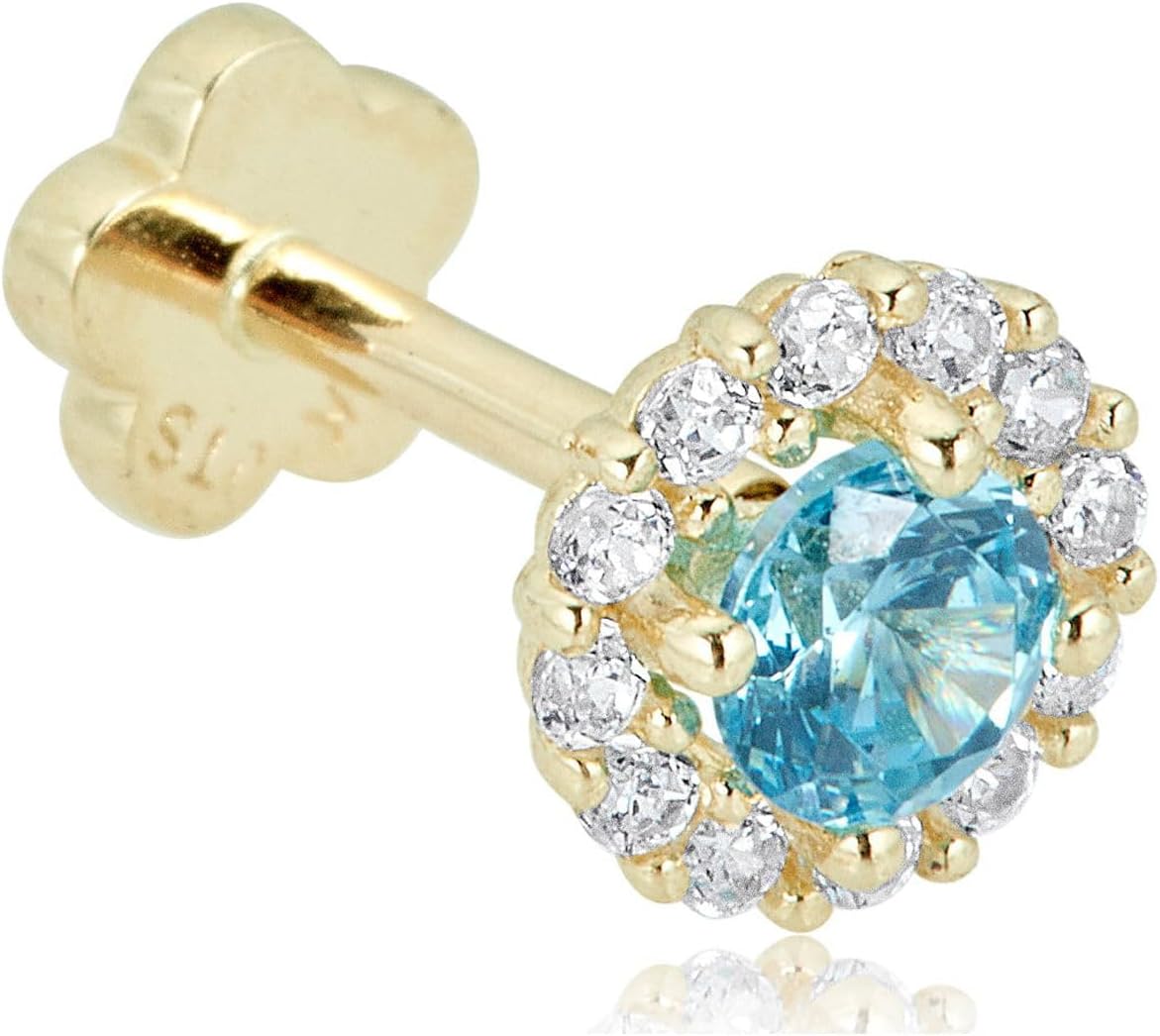 AVORA 14K Gold Blue and White Simulated Diamond CZ Halo Cartilage Piercing Flat Back Earring Body Jewelry (18 Gauge)