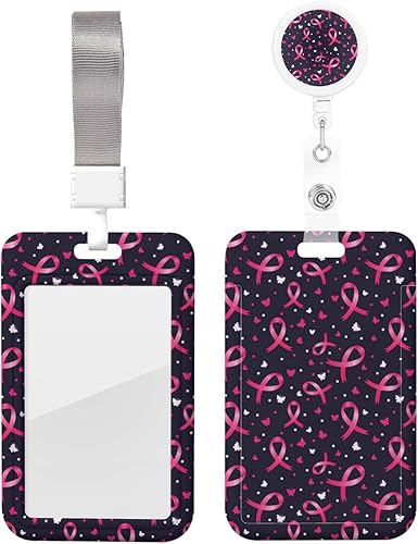 Soporte para tarjetas de identificación de cintas rosadas y mariposas con cordón y clip retráctil para carrete, cordón para llaves, soporte para