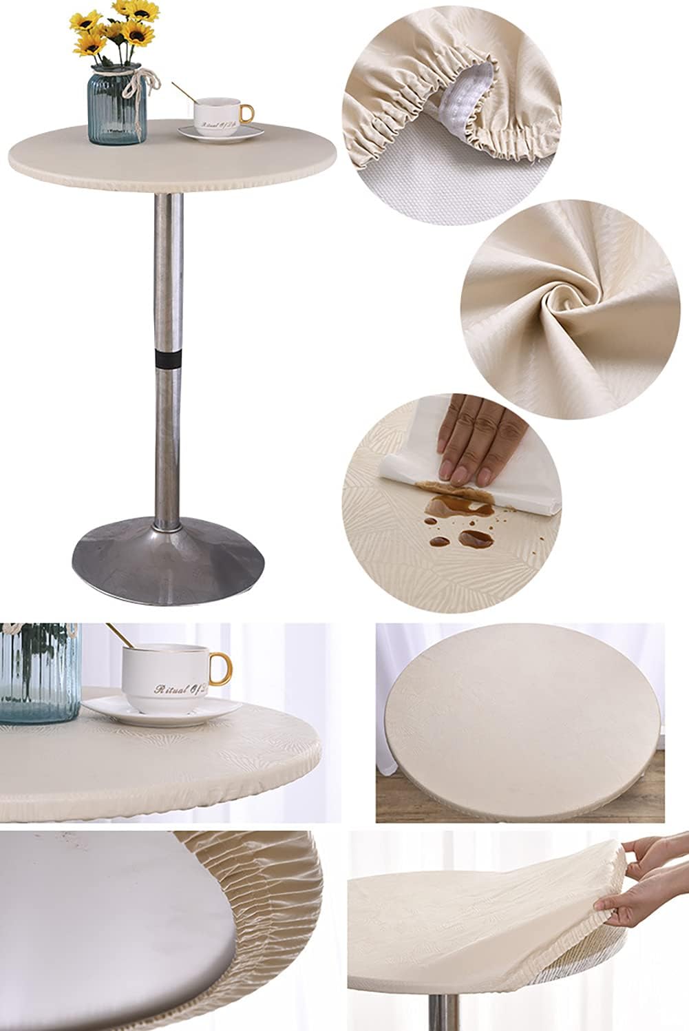 Jacquard Waterproof Tablecloth Elastic Edged Tablecloth Wipeable Table Cloth Table Cover for Indoor Outdoor, Patio, Kitchen and Dining Room 70" Inch Round Tight Fit Beige