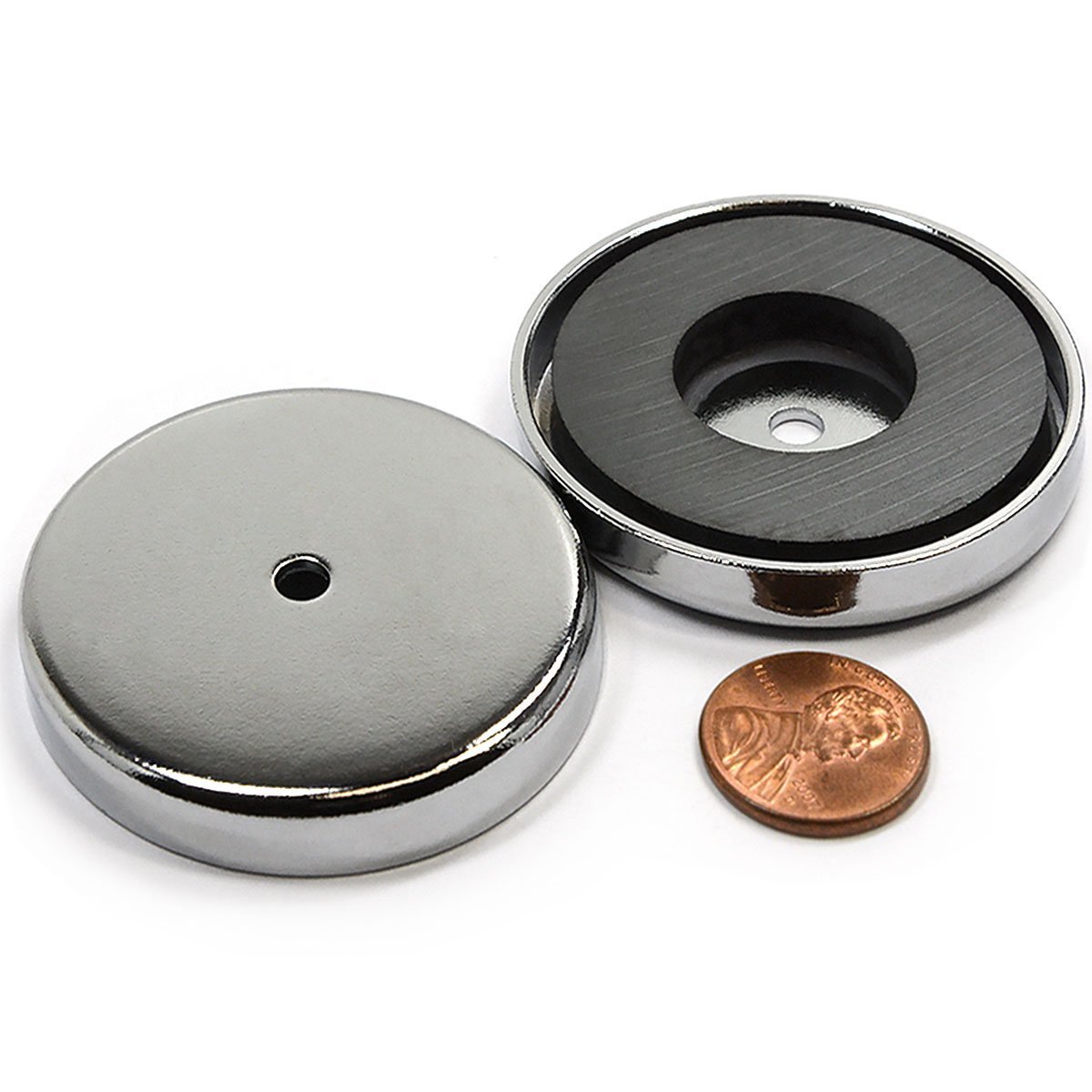 CMS MAGNETICS - 100-Pack RB50 C8 Ceramic Ferrite Round Base Magnet with Anti-Corrosion Chrome Plated Steel Cup and 35 LB Pull Force - Cup Diameter: 51.6mm, Center Hole: 4.8mm, Thickness: 7.5mm