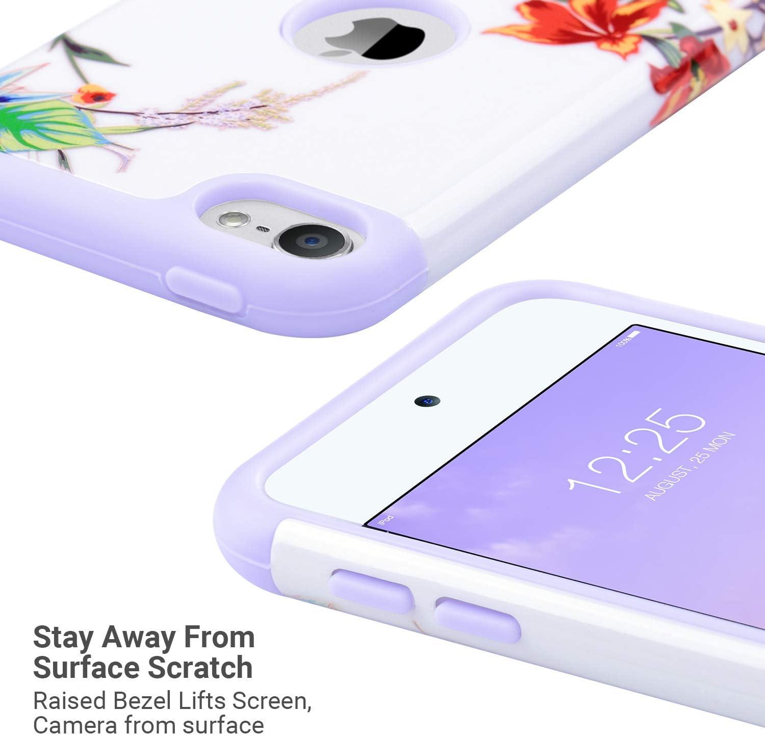 ULAK iPod Touch 7 Case, iPod Touch 6 Case, Slim Fit Protective Hybrid Dual Layer Soft Silicone and Hard Back Cover for Apple iPod Touch 5 5th/6th/7th Gen (2019 Released), Purple+Tropical Flower