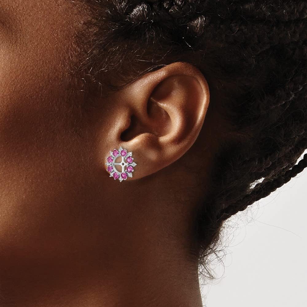 Solid Real 925 Sterling Silver Diamond and Created Ruby Earring Jacket 15mm