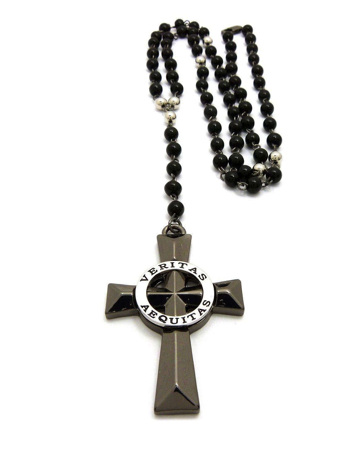 Shiny Jewelers USA MENS VERITAS AEQUITAS CROSS BOONDOCK SAINTS PENDANT GLASS STONE BEAD ROSARY NECKLACE