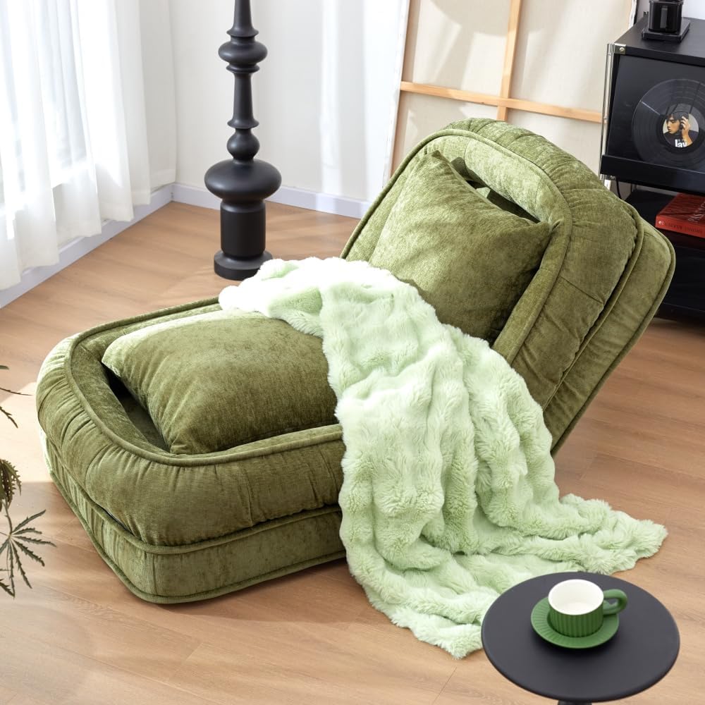 Foldable Lazy Sofa Bed Floor Chair - Adjustable Human Dog Bed for Adults Kids Floor Seats - Cozy Small Couch for Home Living Room (Green)