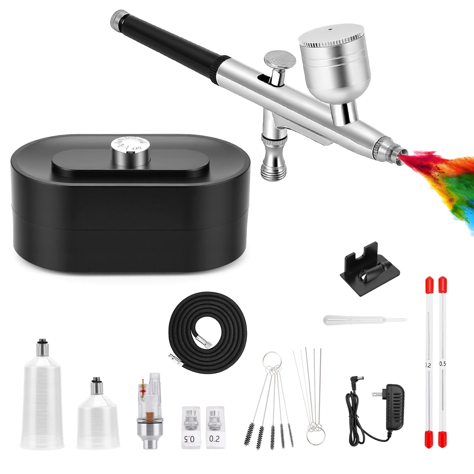 Kit de compresor para aerógrafo, 48 PSI doble acción con boquillas de 0.2/0.3/0.5 mm, kit de pintura de alta presión con 3 modos ajustables para modelismo, maquillaje, repostería y manicura