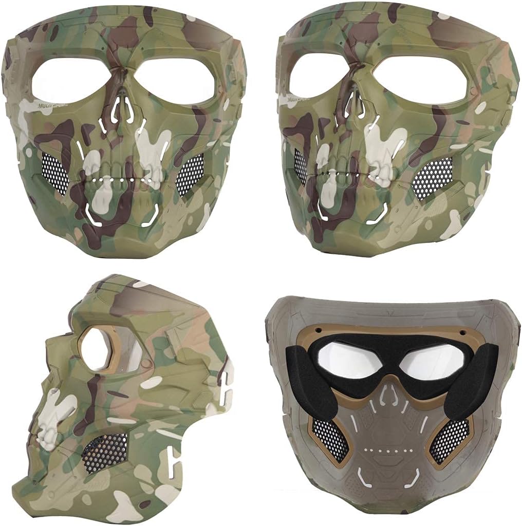 AOUTACC Airsoft Mask Skeleton Mask with Goggles, Full Face Protective Adjustable Tactical Mask for Halloween Party Paintball Game Cosplay Outdoor Activities(Camo Green)