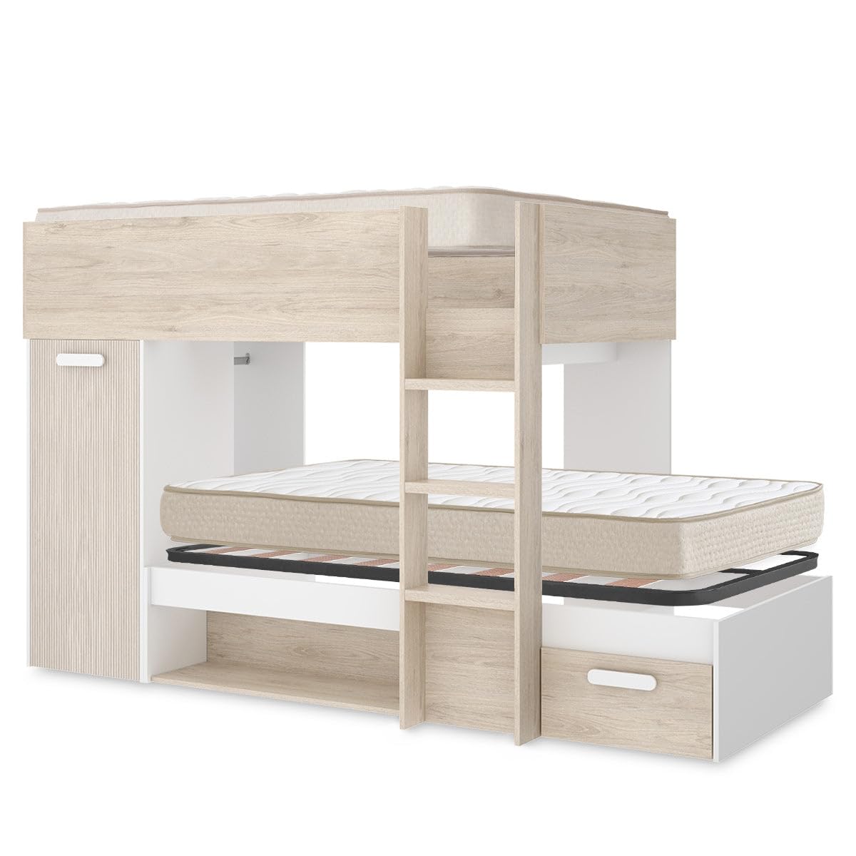 DEKIT - Pack Ahorro Juvenil Cama Tren KOS con 1 Somier Lama Ancha y 2 Colchones viscoelásticos Nova 90 x 190 cm
