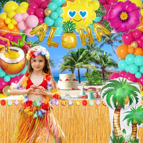 Image of Ouddy Life 189Pcs Tropical Balloons Arch Garland Kit, Summer Party Decor | Hawaiian Party Decorations with Aloha Pineapple Coconut Hot Pink Blue Balloon Palm Leaves for Baby Shower Birthday Supplies