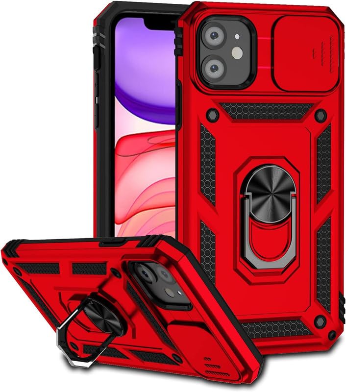 SkyTree iPhone 11, Robotic Sliding Camera Window Shock Proof Thunder Case, Dual Layer Hybrid Shockproof Back Cover Case with Kickstand for iPhone 11 – Red