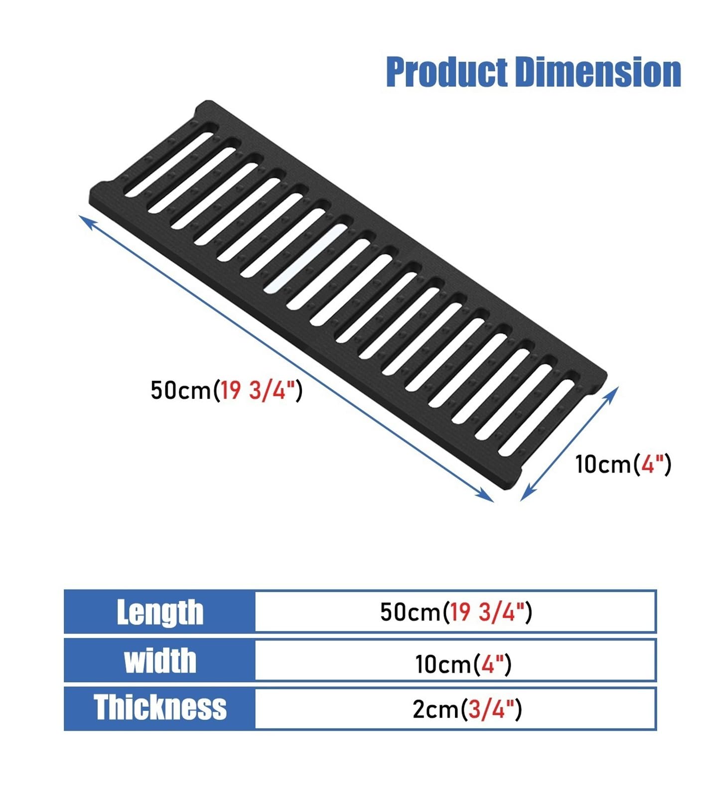 Caniveau Exterieur Grille D'évacuation Étroite de 10 cm de Large, Petit Format, Caniveau Français en Plastique, Longueur Totale 50 cm, Bassin de Rétention Antidérapant