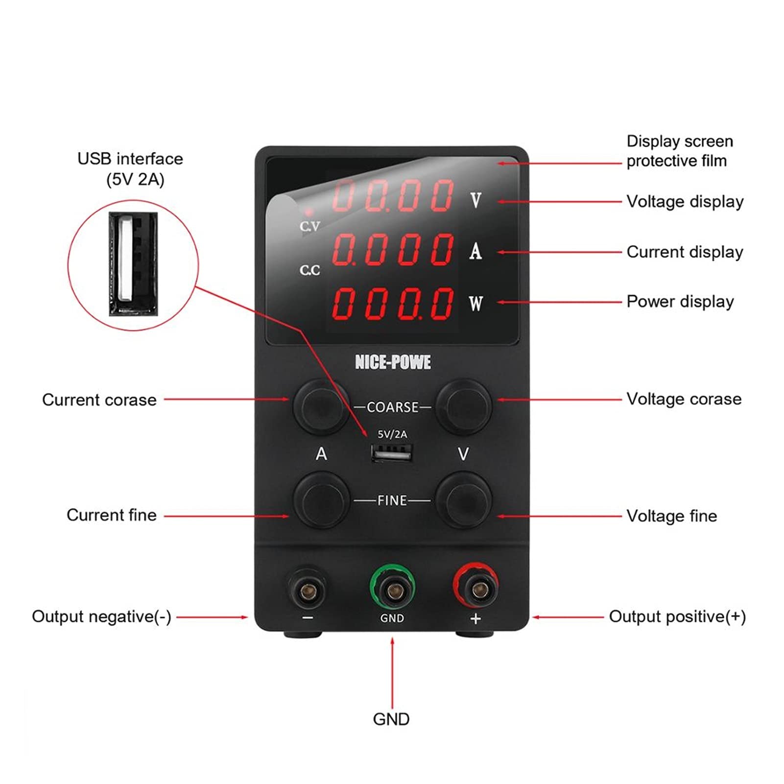 Alimentation variable 4 chiffres USB DC Alimentation de laboratoire réglable 3 0V 10A 60V 5A 120V 3A Régulateur de tension réglementé précis Source de commutation Source ( Color : SPS305-Black , Size