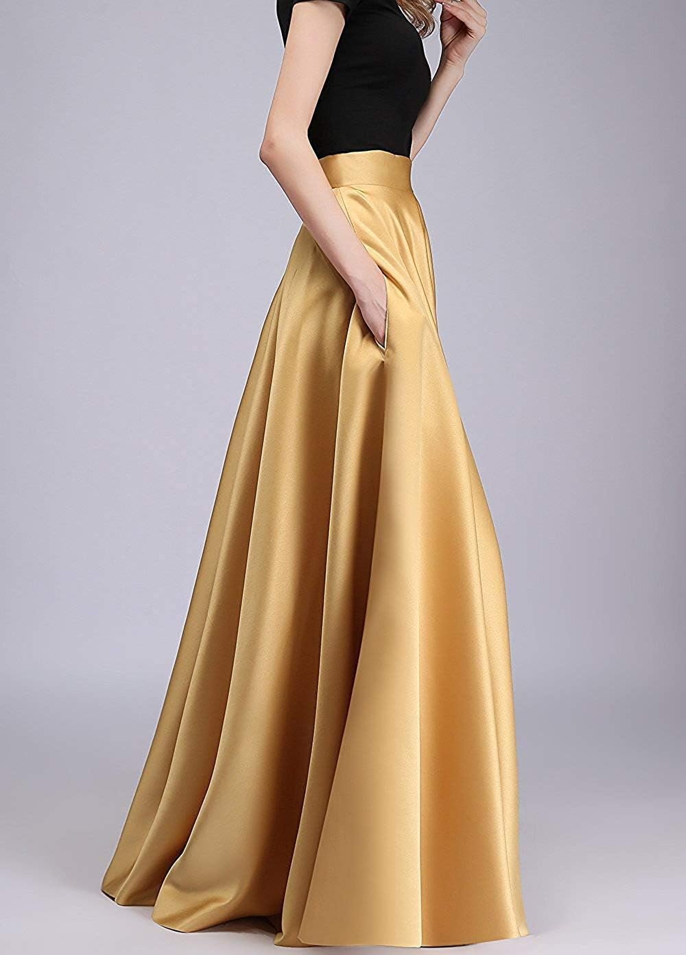 Women’s Long Satin Bridesmaid Dress Floor Length Maxi Skirts High Waist Fomal Prom Party Skirts with Pockets