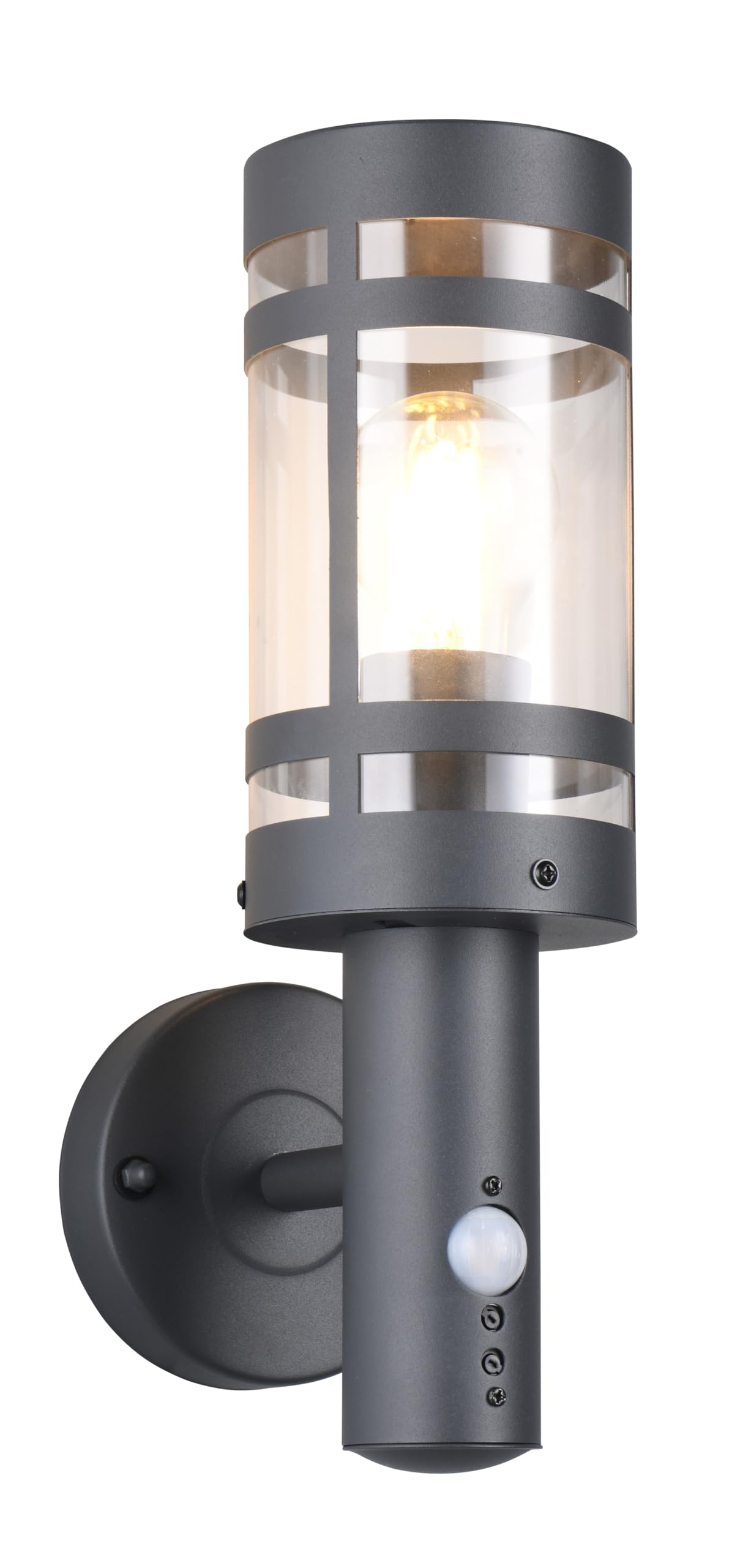 Reality Leuchten Paloma R21719142 - Lampada da parete per esterni, in metallo antracite, paralume in plastica trasparente, 1 x E27, sensore di movimento