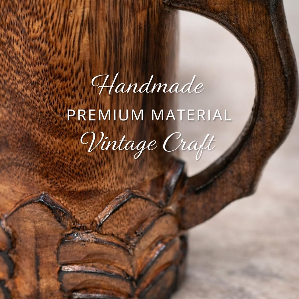 Handcrafted Wooden Beer Mug with Handle Antique Color Floral Cut Design Viking Renaissance Tankard Rustic Fantasy Stein Groomsmen Gift