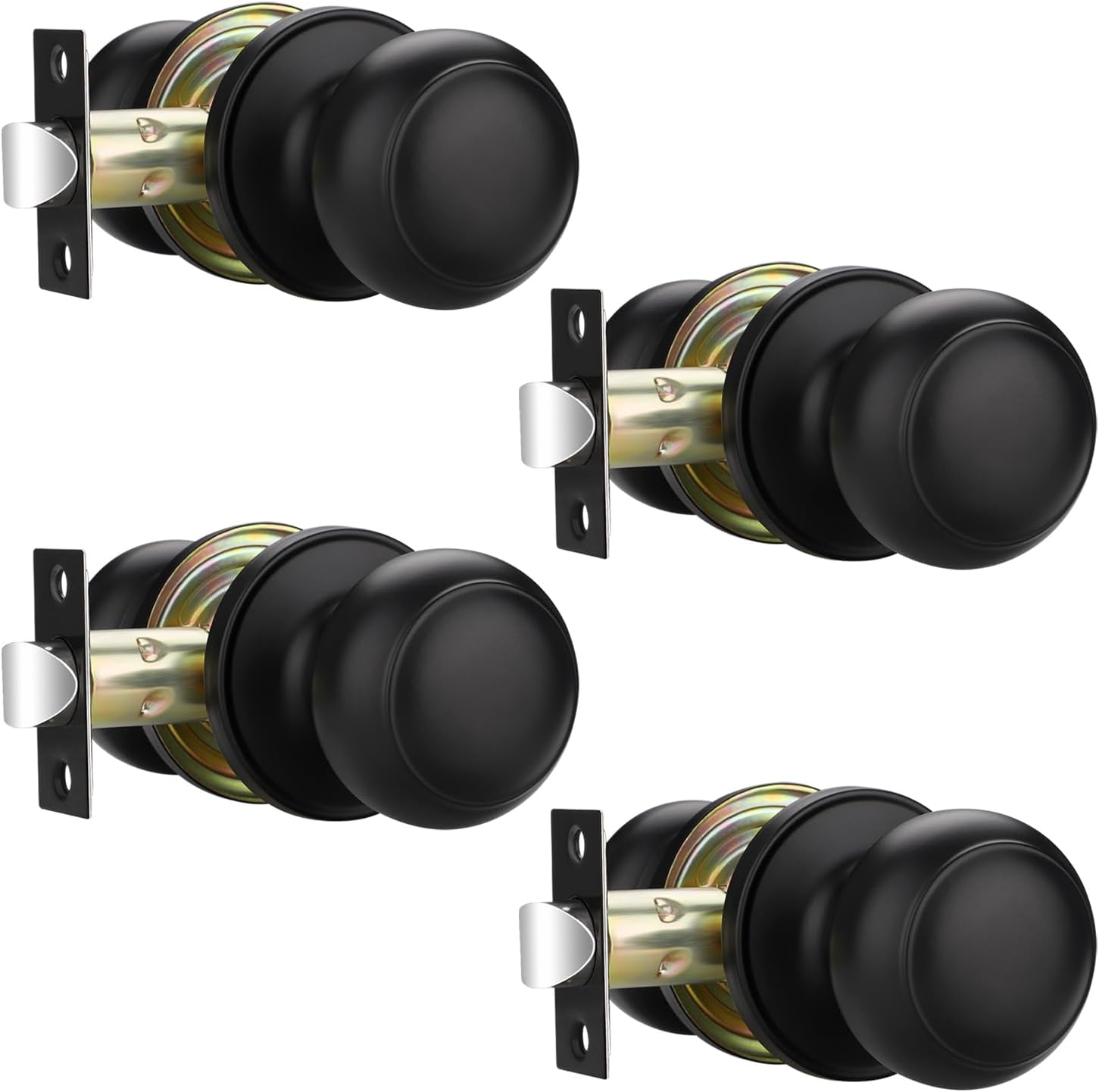 EHOMEWARE Black Passage Door Knobs 4 Pack, Interior Door Handle for Hallway/Closet, Round Door Knob Without Lock, Keyless Door Handle for Left/Right Handed Doors