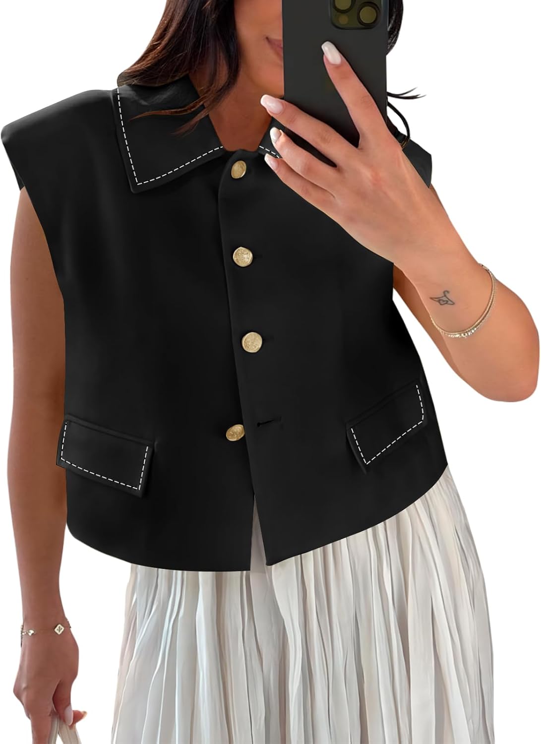 Tankaneo Womens Cropped Suit Vest Tops Cap Sleeve Lapel Collar Button Down Trendy Casual Blazer Waistcoats