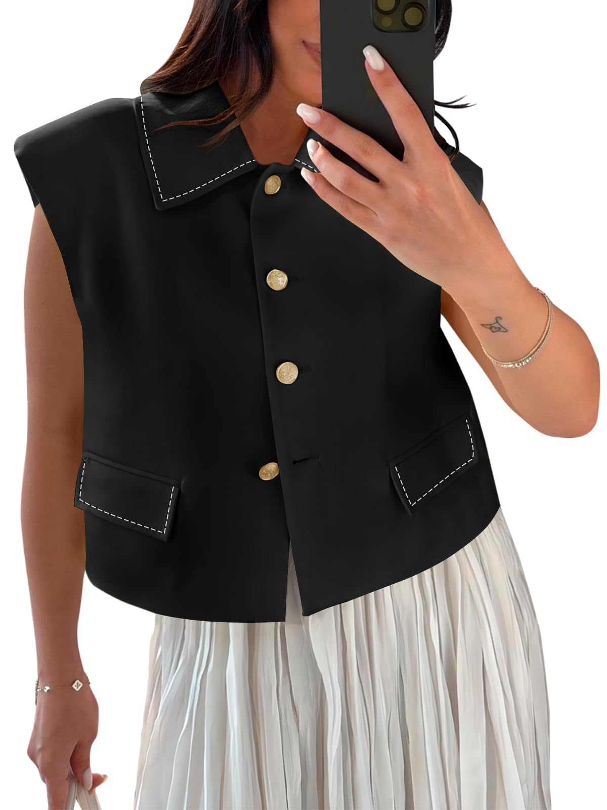 Tankaneo Womens Cropped Suit Vest Tops Summer Cap Sleeve Lapel Collar Button Down Trendy Casual Blazer Waistcoats