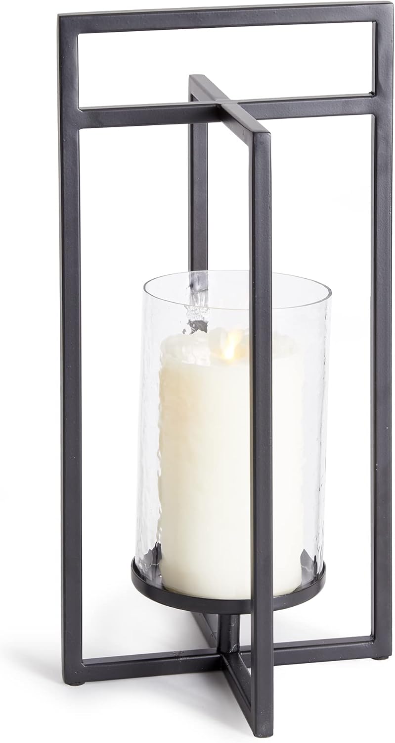 MY SWANKY HOME Black Geometric Interlocking Rectangles Pillar Candle Hurricane 18 in Minimalist
