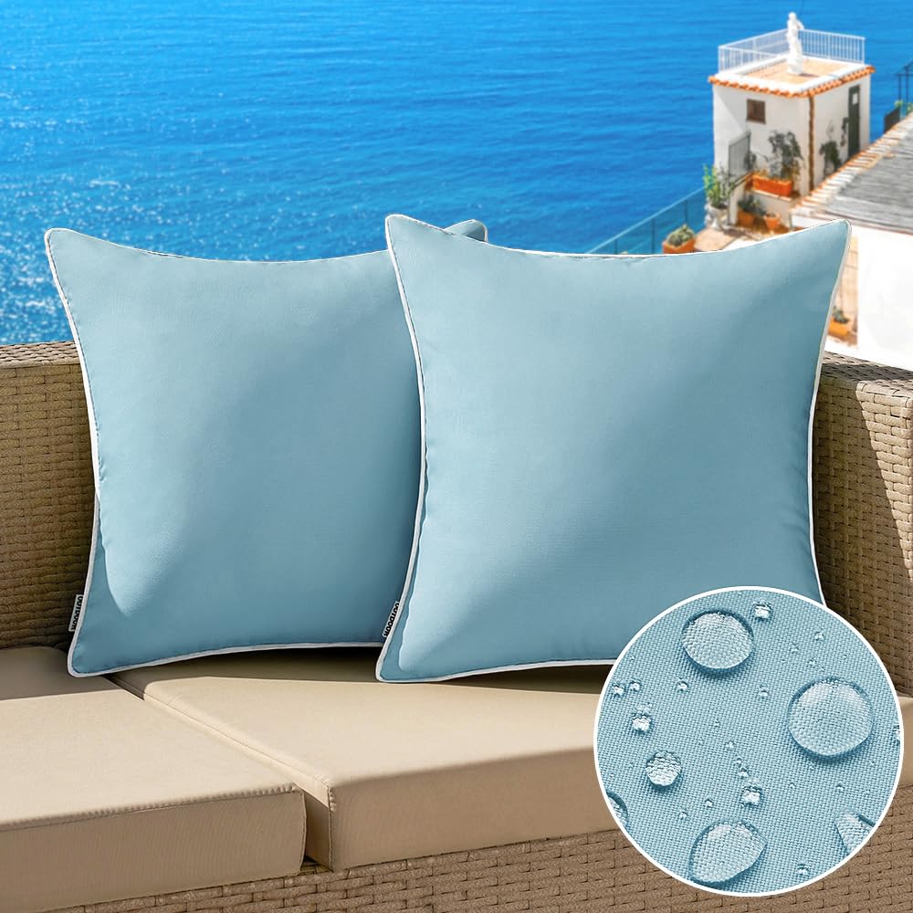 Photo 1 of MIULEE Pack of 2 Outdoor Waterproof Pillow Covers Decorative Farmhouse Spring Throw Pillow Covers Square Solid Color Couch Pillow Covers Spring for Patio Tent Bed Sofa Living Room 18x18 Inch Blue