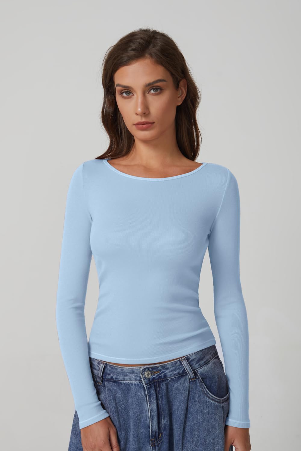 QINSEN Women's Long Sleeve T Shirts Crewneck Tight Fitted Rib Knit Y2k Casual Tee Tops - Image 2