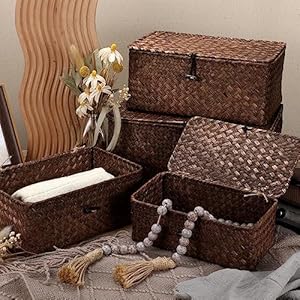 Woanger Set of 4 Seagrass Storage Bins with Lid Wicker Storage Baskets Organizer for Organizing, Woven Bins Home Utility Box for Home Office Supplies(Coffee) Woanger Set of 4 Seagrass Storage Bins with Lid Wicker Storage Baskets Organizer for Organizing Woven Bins Home Utility Box for Home Office SuppliesCoffee