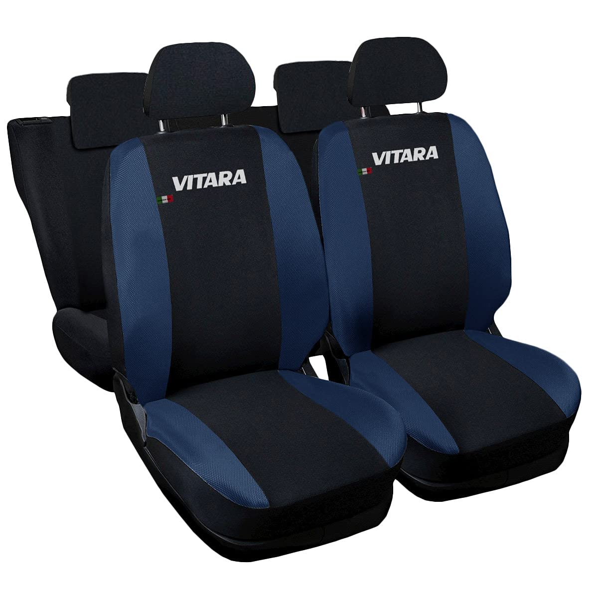Lupex Shop Fundas para Asientos de Coche Compatibles con Vitara, Made in Italy, Tejido de poliéster, Juego Completo para Asientos Delanteros y Traseros (Negro - Azul Oscuro)