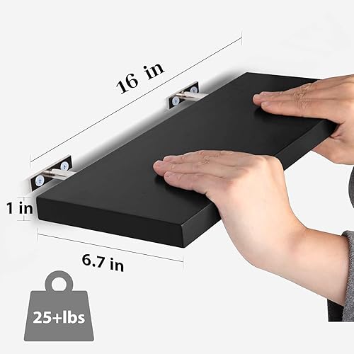 Miniatura 3 de SAUMONIERES Estantes flotantes de madera maciza para baño, dormitorio, cocina, decoración de pared, juego de 3, estantes de pared negros