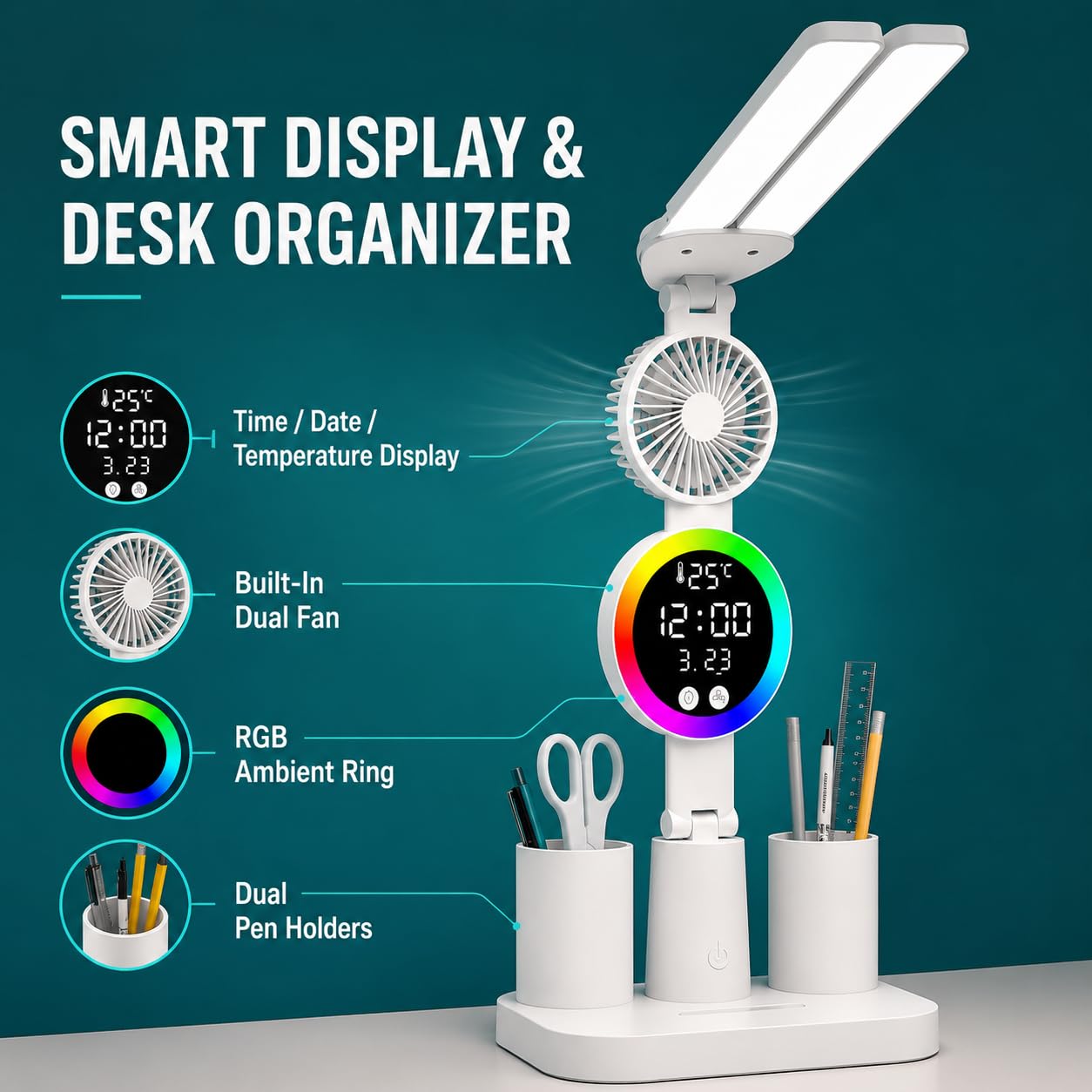 Lampe de bureau LED, lampe d'étude à double tête avec ventilateur