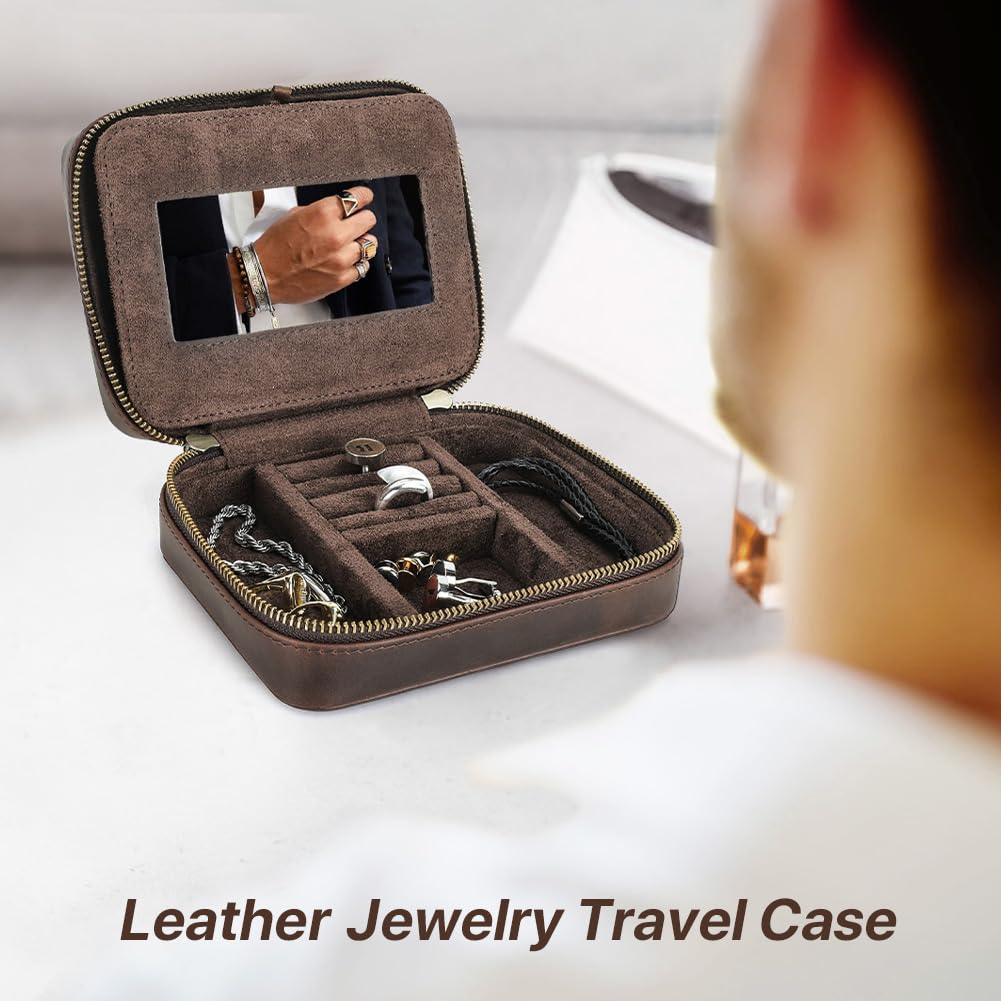 Hiram Joyero Retro de Cuero Organizador para Pendientes, Anillos, Collares, Pulseras, Joyero Rectangular de Viaje con Espejo de Maquillaje para Hombres, Estuche de Almacenamiento de Joyas (Café)
