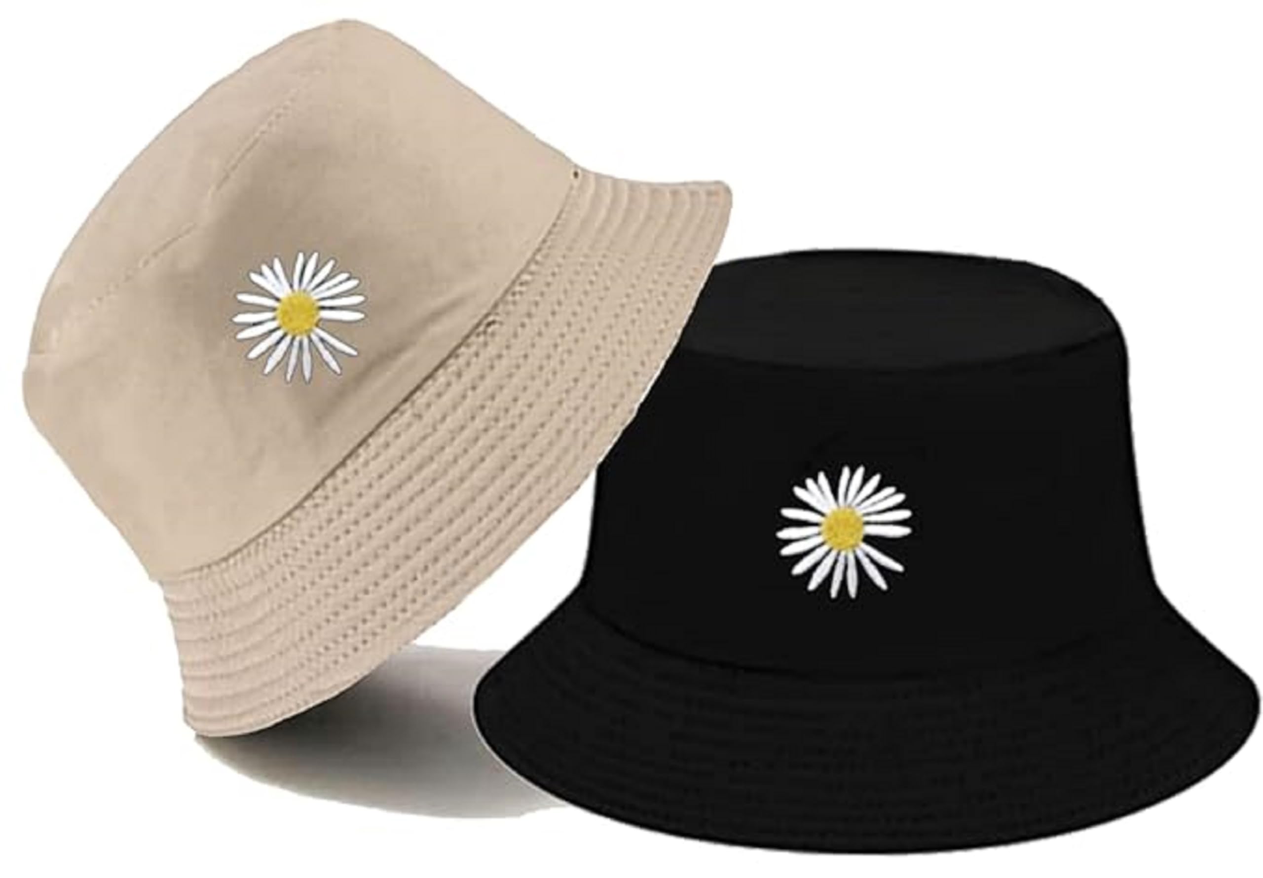 Reversible Bucket Hat with Daisy Embroidery, Two-Color Design, Packable Fabric Hat Multicolour