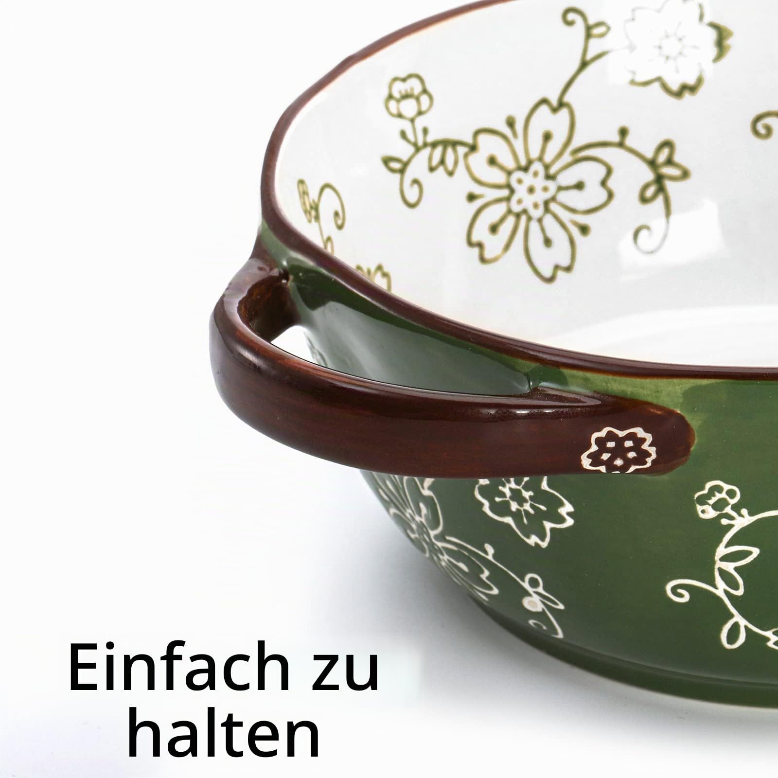AVLA Keramik-Suppenschüsseln, 625 ml, Porzellan-Servierschüssel-Set mit Doppelgriff, große Keramiktöpfe für französische Zwiebelsuppe, Eintopf, Nudeln, Müsli, Topfkuchen (grün)