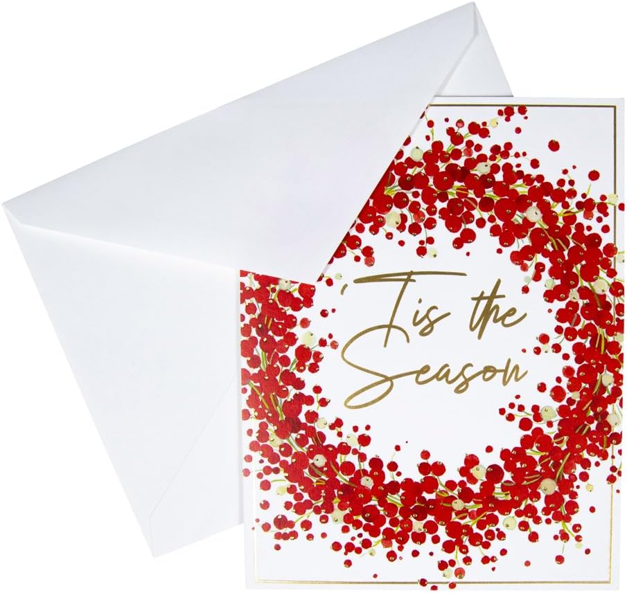 Caspari Pepperberry Wreath Foil Boxed Christmas Cards - 10 Christmas Cards & 10 Envelopes