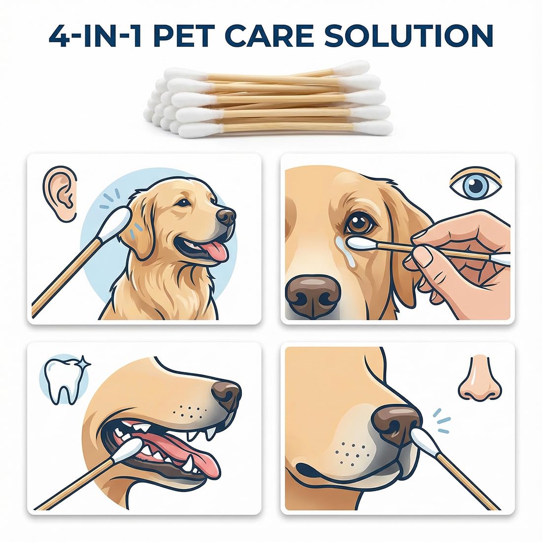100 Pezzi Cotton Fioc per Cani, Bastoncini per Pulizia Orecchie Lunghi, Tamponi di Cotone con Punta Larga per Animali Domestici Cani e Gatti (12cm)