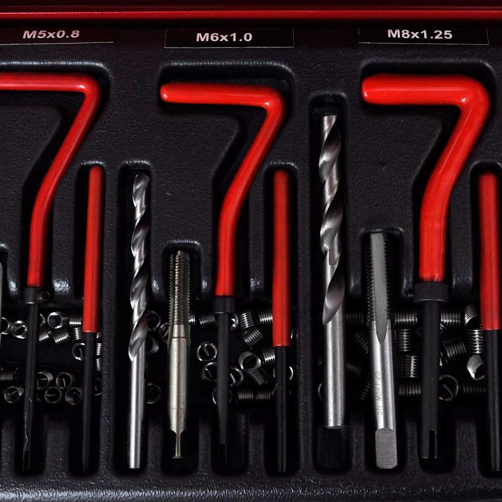 Kit di riparazione filettatura, 131 pezzi, con maschi filettati HSS e trapano, inserti filettati, strumenti a inserimento, rompicapi in valigetta, set di attrezzi manuali per riparazione