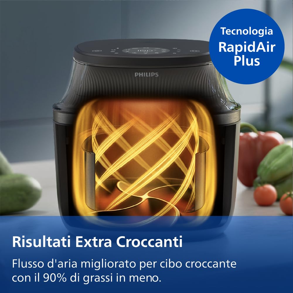 Philips Airfryer Serie 3000: Friggitrice ad aria da 6,2L con finestrella, Tec. RapidAir Plus, 16 modalità di cottura, 90% grassi in meno, facile da pulire, touchscreen, risparmio energetico (NA330/00)